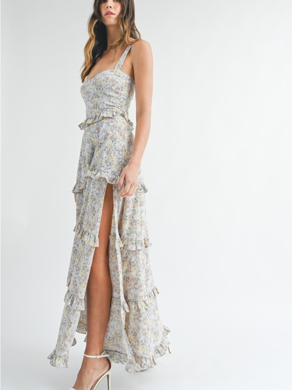 Floral Ruffle Split Maxi Dress in Light Gray